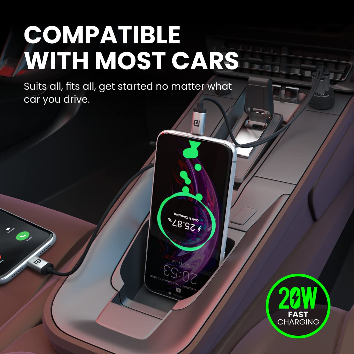 Portronics 20W Car Charger – Dual Port USB & Type-C Fast Charging (Black)