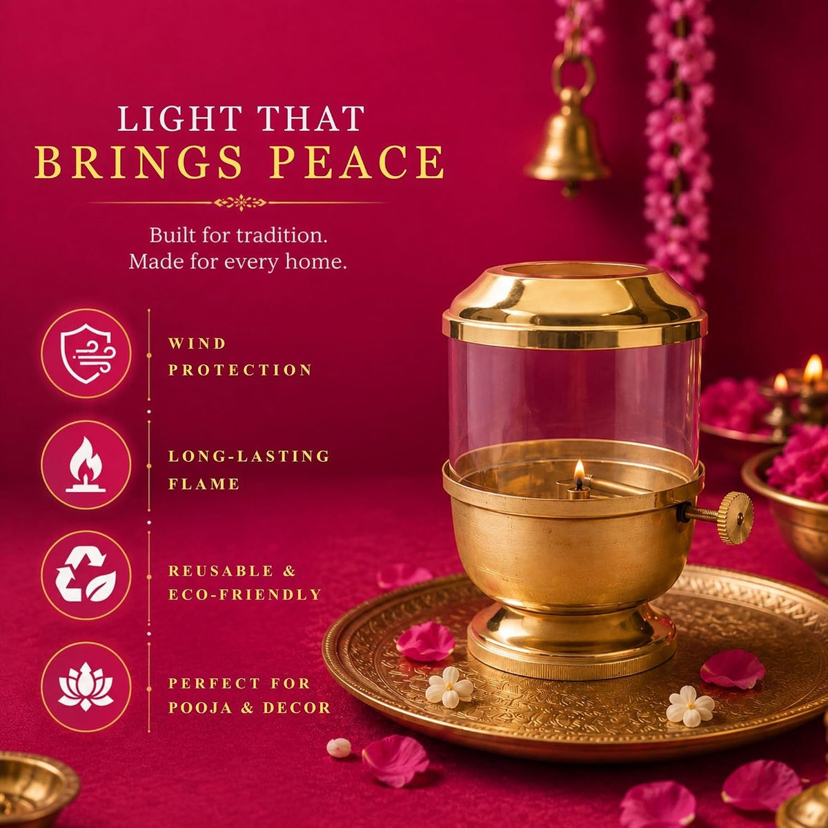 Klassic Pure Brass Akhand Diya 6 Inch with Glass Cover & Adjustable Bati