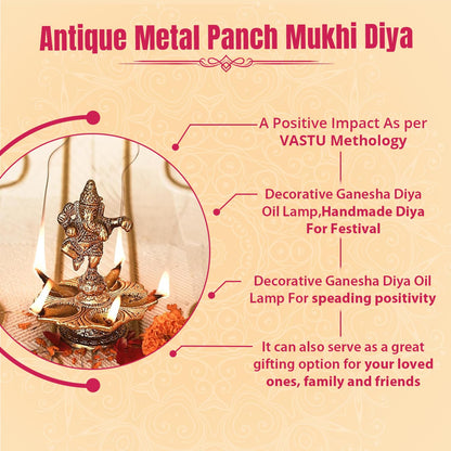 Klassic Antique Ganeshaji Metal Diya | Gold Plated 5 Batti Oil Lamp