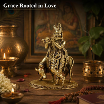 Klassic 3 Inch Brass Lord Krishna Idol with Cow | Mandir & Home Decor