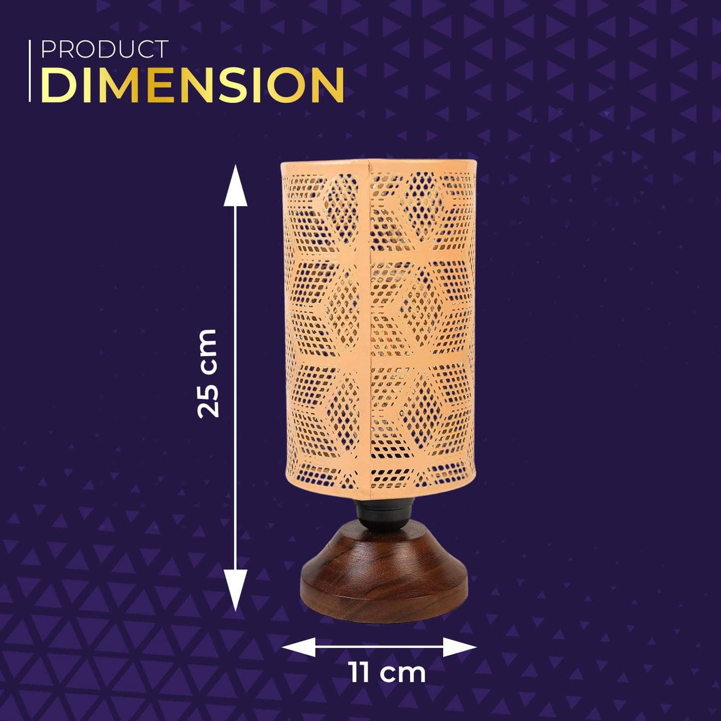 Lexton Moroccan Style Hand-Etched Iron Made Bedside Table lamp | Black Metal Round Frame, E27 Bulb Holder, Wooden Stand, Corded | Suitable for Home Decoration Office (Pack of 1, Bulb Not Included)