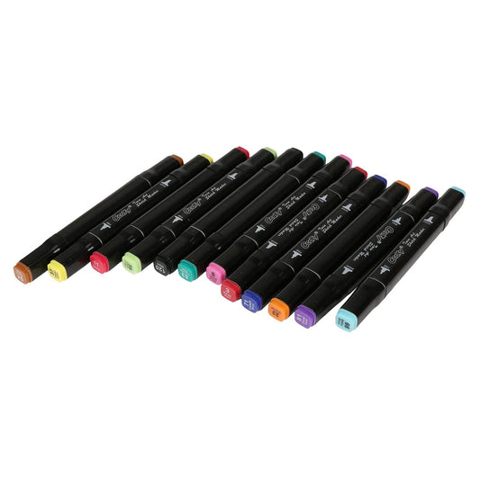 iCraft 12 Pack Dual Tip Marker Set Highlighter Sketch Pen Multicolor in Carry Case Colorful Thick Thin Bold Paint Fine Lines for Kids Adults - Permanent Marker, Multicolour, Standard