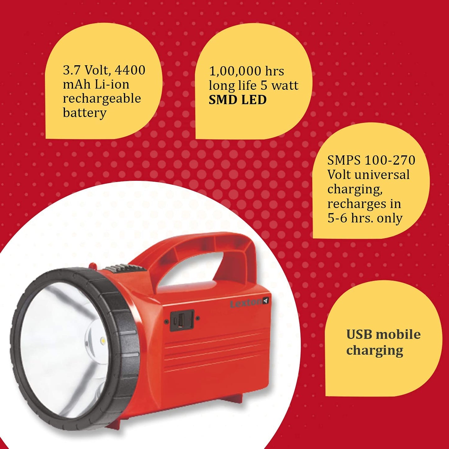 Lexton Thunder-R 5W Rechargeable Torch 4400mAh, Long Beam, Red, USB Kit