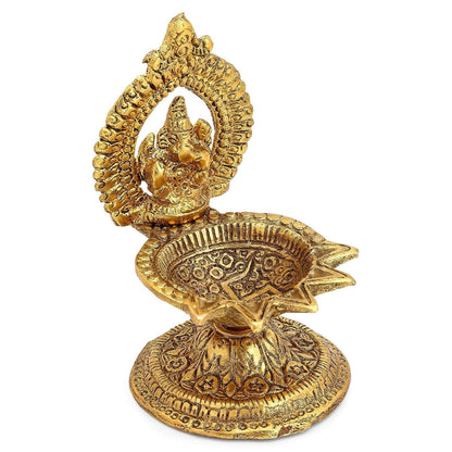 Klassic Antique Ganeshaji Metal Diya | Gold Plated 5 Batti Oil Lamp