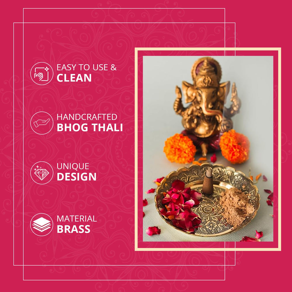 
                  
                    Klassic Brass Puja Thali/Bhog Thali with Flower Embossed Design for Mandir Home & Temple Decoration & Gifting (Gold, 4.25 Inch Diameter), 1 Pcs
                  
                