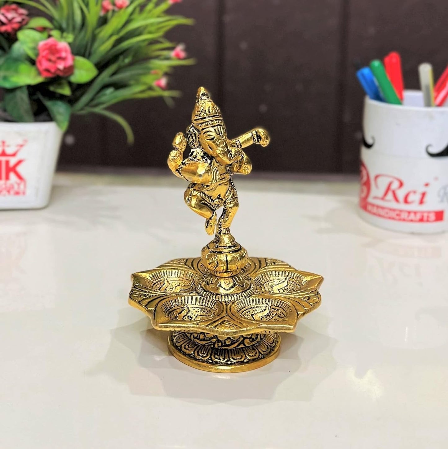 Klassic Antique Ganeshaji Metal Diya | Gold Plated 5 Batti Oil Lamp