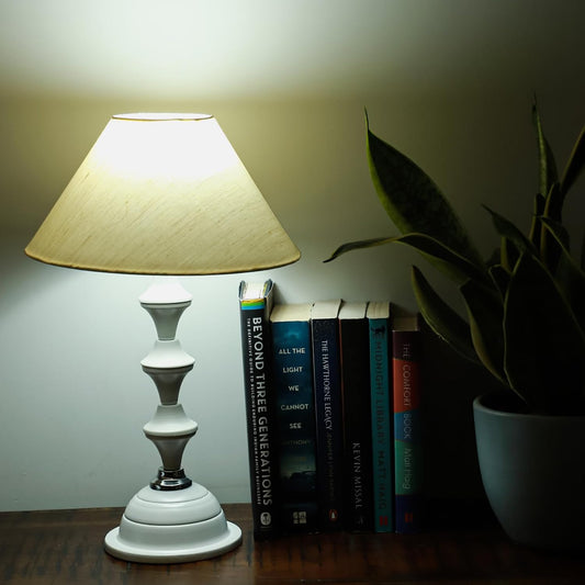 Lexton White Metal Pillar Table Lamp with beige shade, perfect for bedside and living room décor. iCraft by Eagle