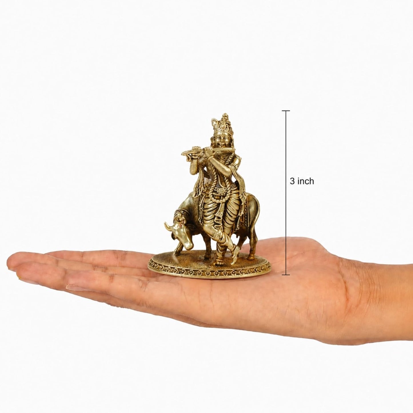 Klassic 3 Inch Brass Lord Krishna Idol with Cow | Mandir & Home Decor