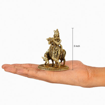 Klassic 3 Inch Brass Lord Krishna Idol with Cow | Mandir & Home Decor