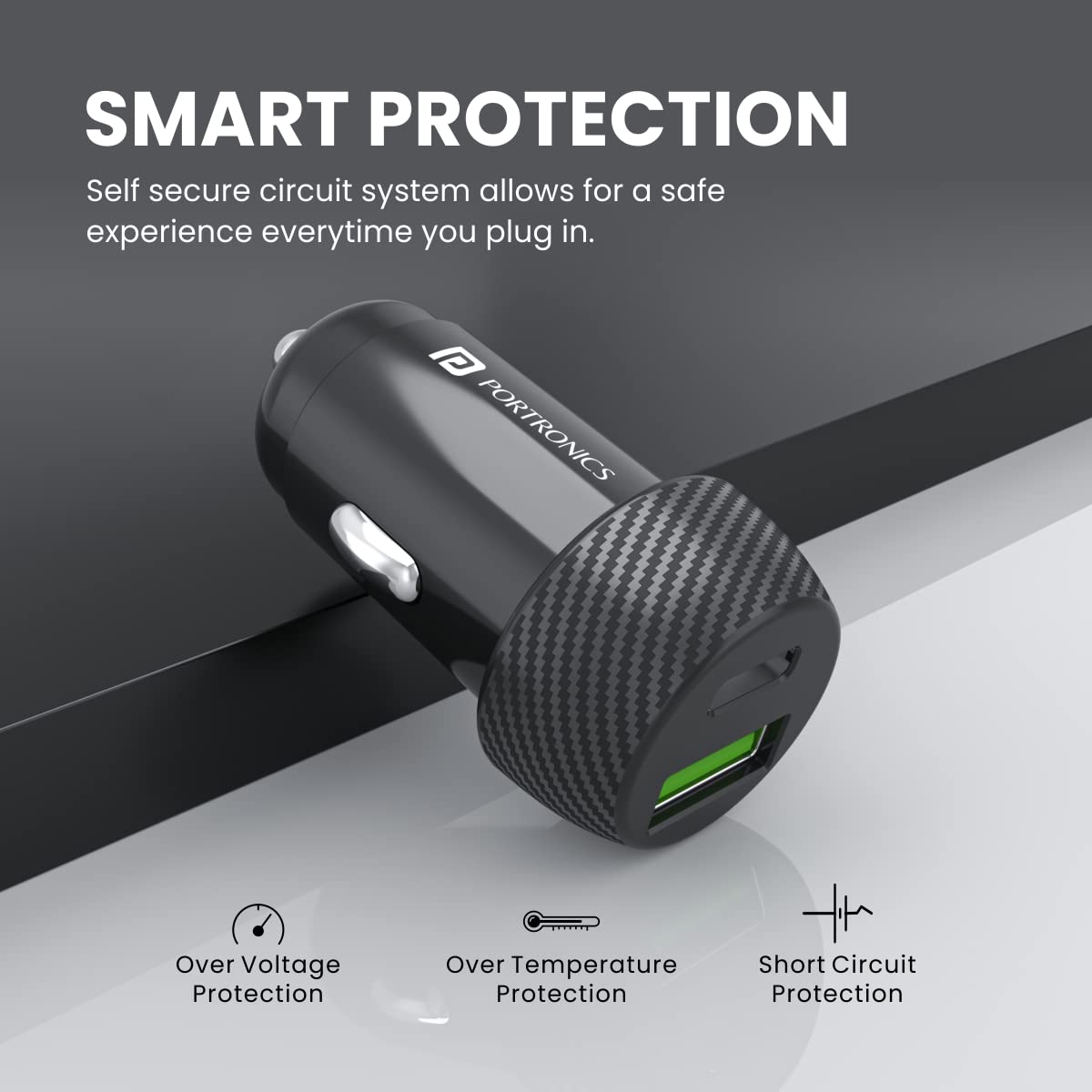 Portronics 20W Car Charger – Dual Port USB & Type-C Fast Charging (Black)