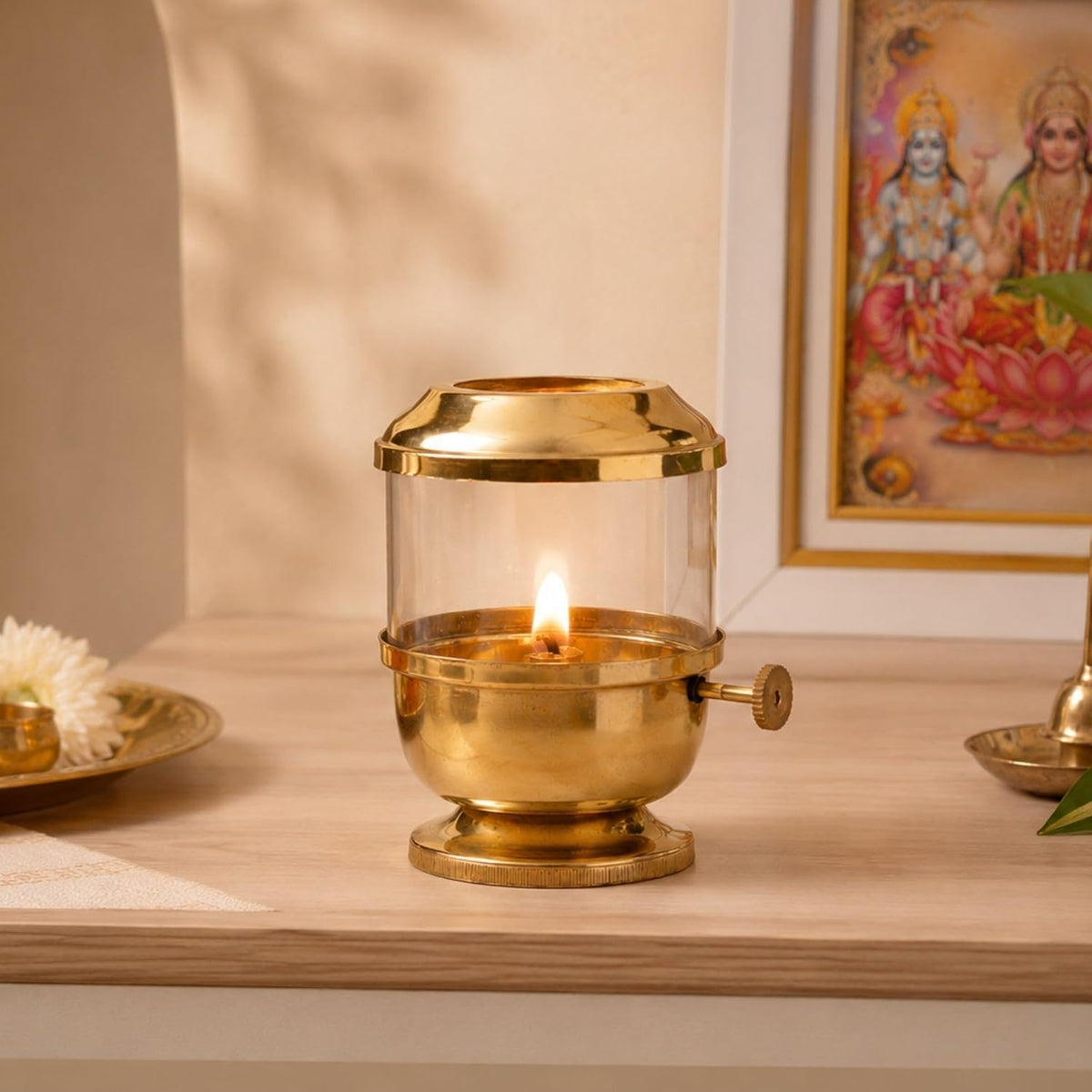 Klassic Pure Brass Akhand Diya 6 Inch with Glass Cover & Adjustable Bati