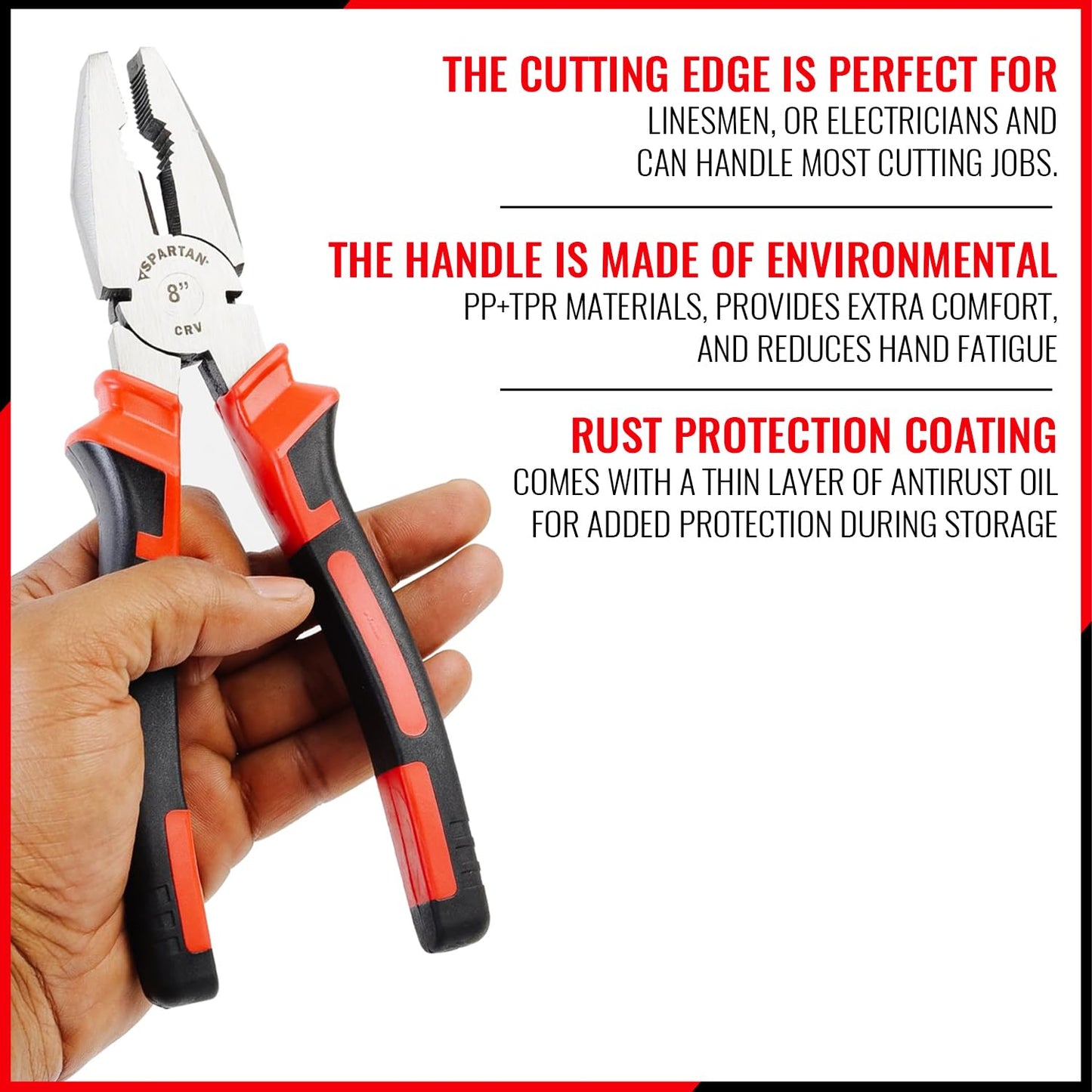 Spartan Combination Plier 8-inch for Home & Professional work Use as Electrical Work, Bending, Holding, Cutting & Pulling, etc | Heavy Duty Cutting Pliers (Red & Black)