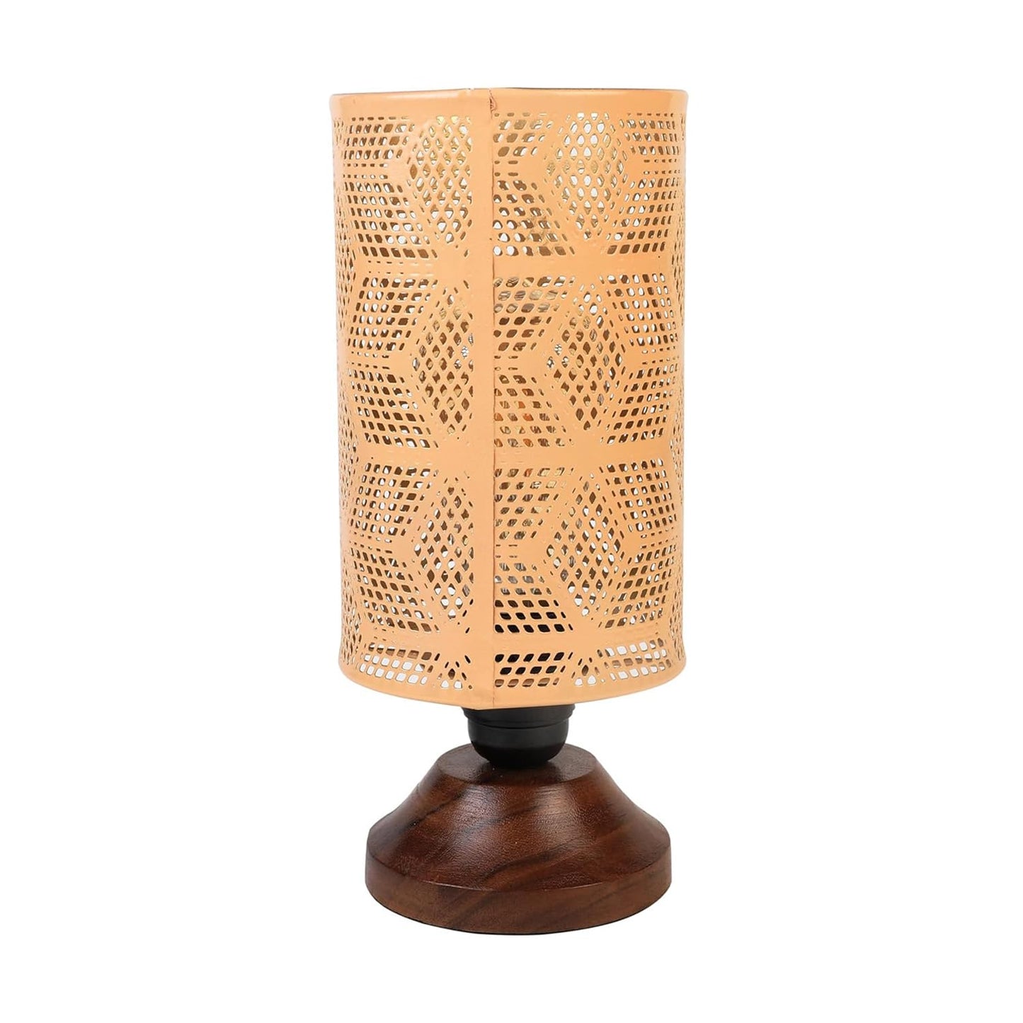 Lexton Moroccan Style Hand-Etched Iron Made Bedside Table lamp | Black Metal Round Frame, E27 Bulb Holder, Wooden Stand, Corded | Suitable for Home Decoration Office (Pack of 1, Bulb Not Included)