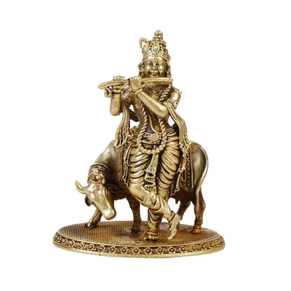 Klassic 3 Inch Brass Lord Krishna Idol with Cow | Mandir & Home Decor