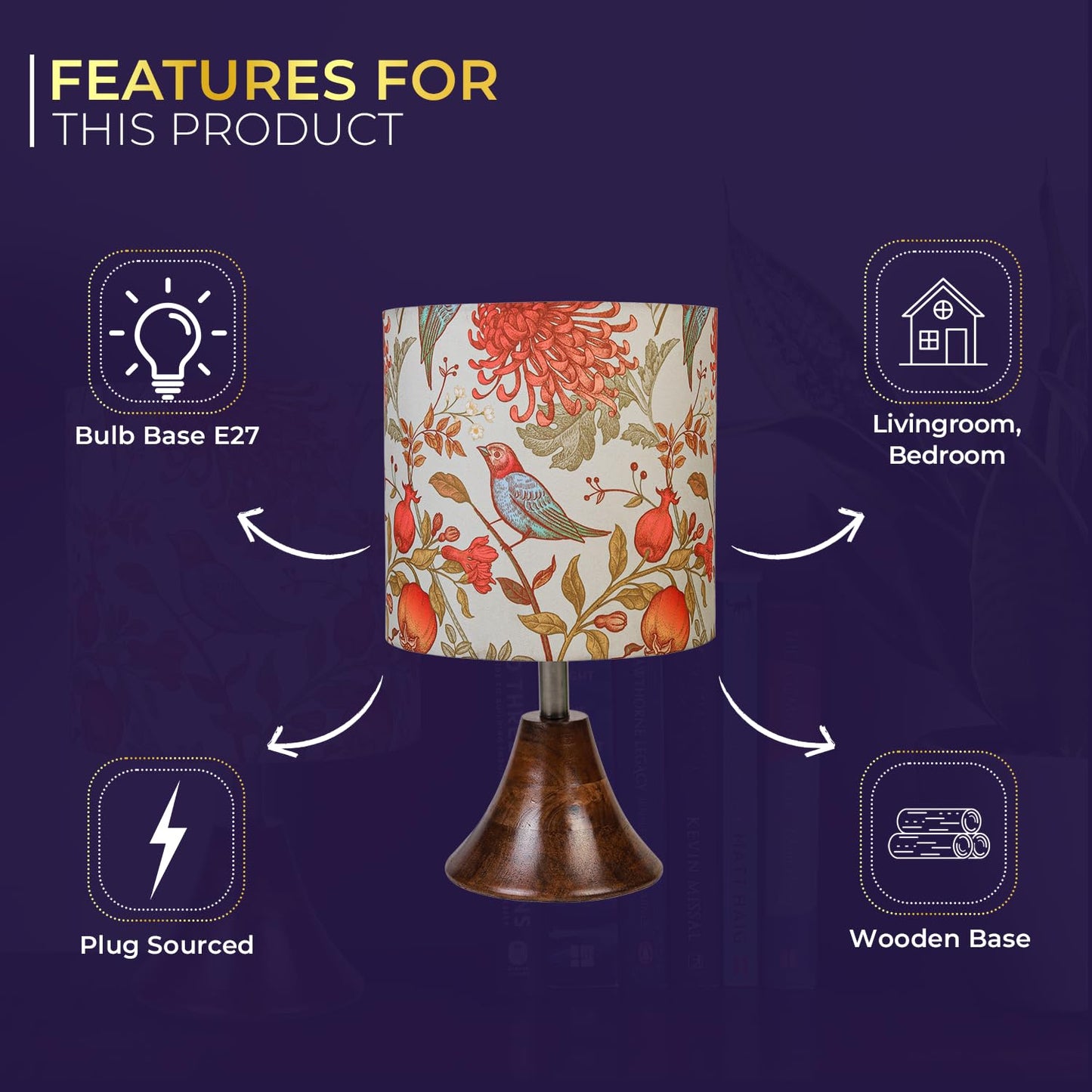 Lexton Birds Print Wooden Table Lamp – Bedroom & Living Room Decor