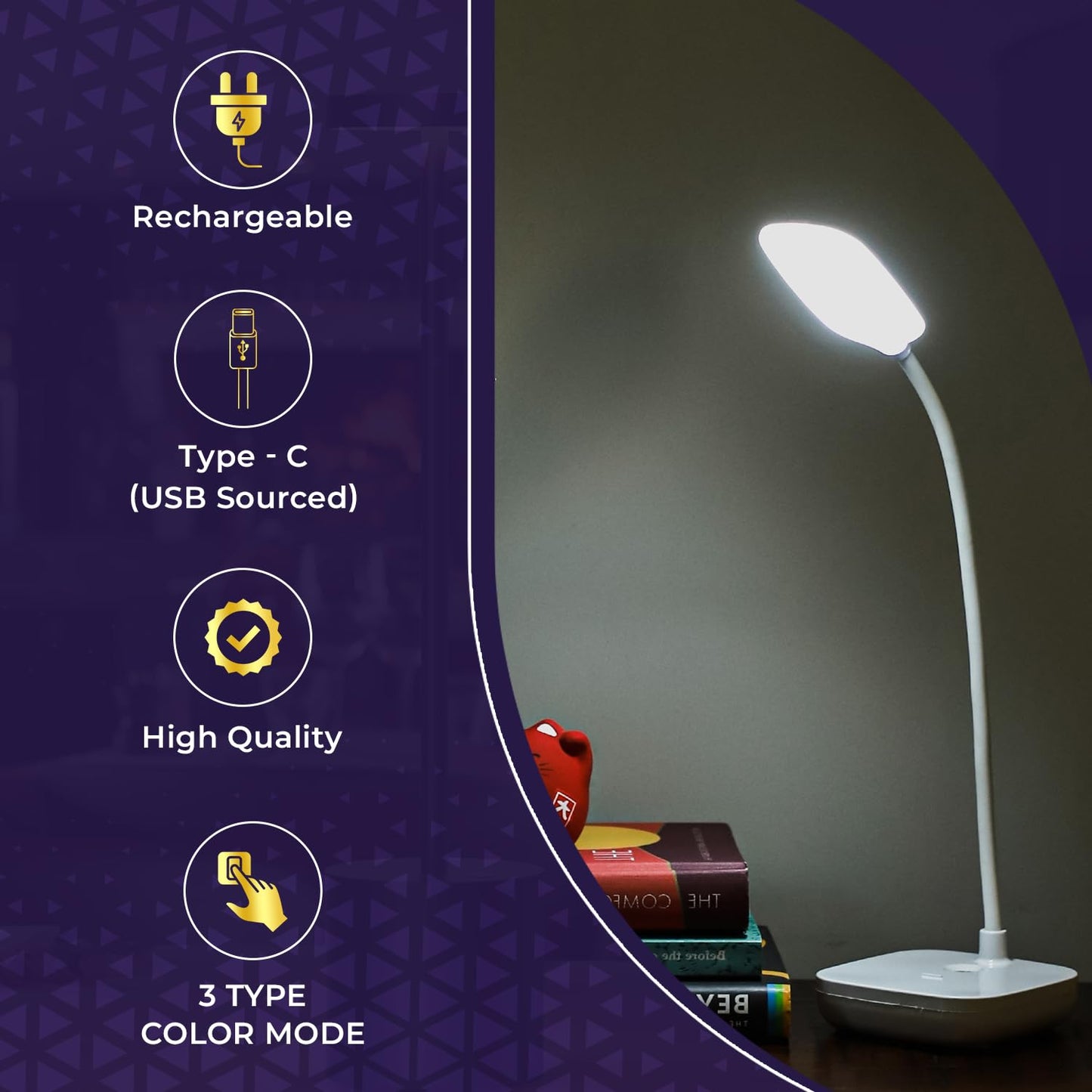 Lexton Rechargeable LED Table Lamp | Touch Control | 3 Color Modes | USB-C | White