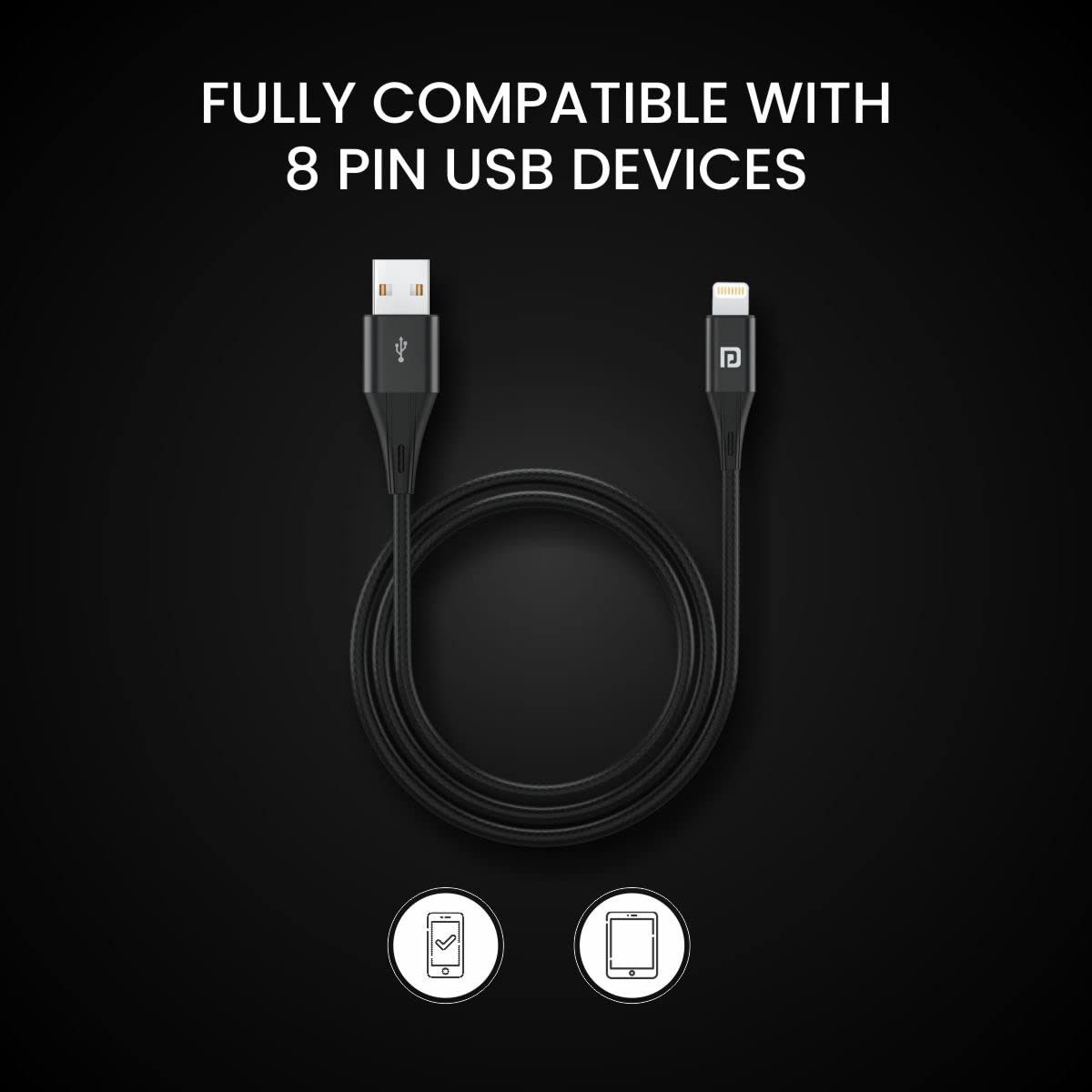 Portronics Lightning Cable 2 A 1 m Konnect B+  (Compatible with Smartphones, Laptop, Headphones, Camera, Black, One Cable)