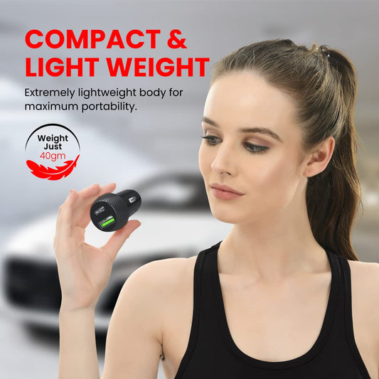 Portronics 20W Car Charger – Dual Port USB & Type-C Fast Charging (Black)