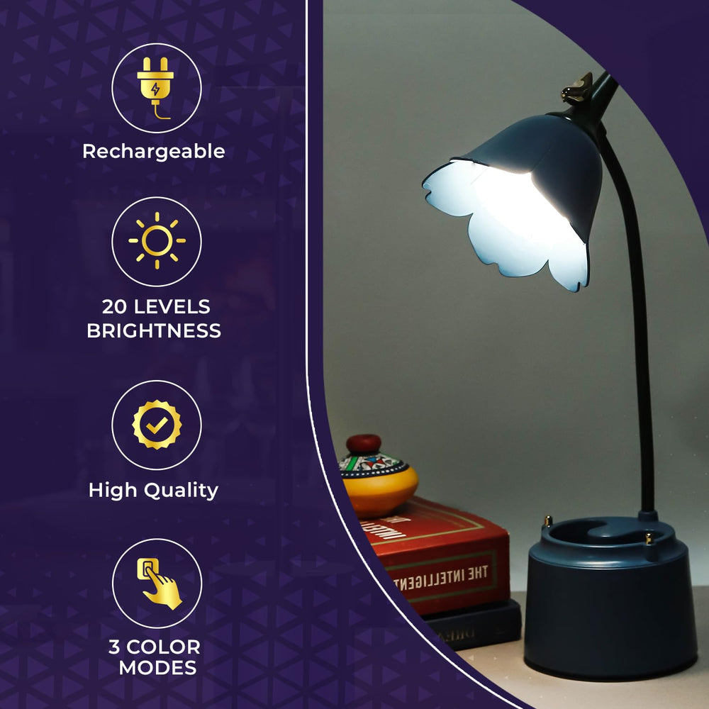 
                  
                    Lexton Flower Bird Table Lamp | Eye Friendly, USB Rechargeable, 3 Color Modes, Touch On/Off Switch, Adjustable Arm, Pen Holder | Suitable for Room Decor, Reading, Office (Pack of 1, Blue)
                  
                