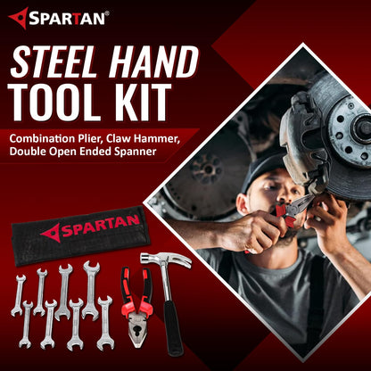 Spartan 8 Pc Hand Tool Set with Double Open End Spanners, Claw Hammer and Combination Plier for Household Repair Tasks
