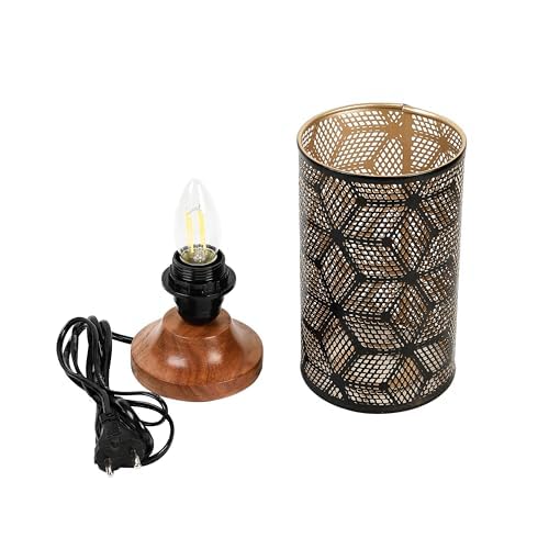 Lexton Moroccan Style Hand-Etched Iron Made Bedside Table lamp | Black Metal Round Frame, E27 Bulb Holder, Wooden Stand, Corded | Suitable for Home Decoration Office (Pack of 1, Bulb Not Included)