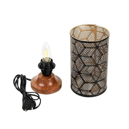 Lexton Moroccan Style Hand-Etched Iron Made Bedside Table lamp | Black Metal Round Frame, E27 Bulb Holder, Wooden Stand, Corded | Suitable for Home Decoration Office (Pack of 1, Bulb Not Included)