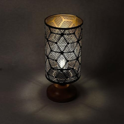 Lexton Moroccan Style Hand-Etched Iron Made Bedside Table lamp | Black Metal Round Frame, E27 Bulb Holder, Wooden Stand, Corded | Suitable for Home Decoration Office (Pack of 1, Bulb Not Included)