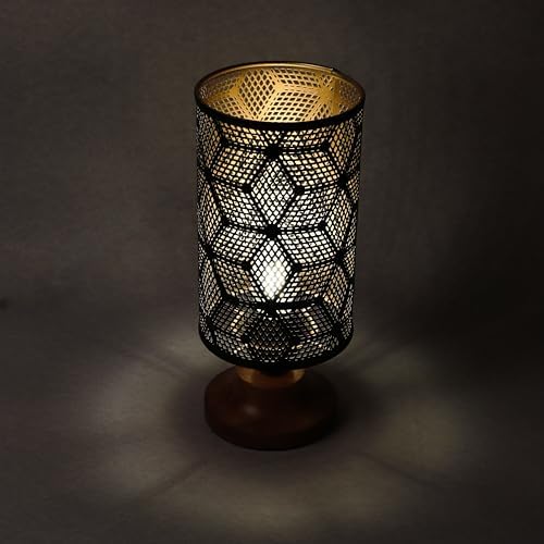 Lexton Moroccan Style Hand-Etched Iron Made Bedside Table lamp | Black Metal Round Frame, E27 Bulb Holder, Wooden Stand, Corded | Suitable for Home Decoration Office (Pack of 1, Bulb Not Included)