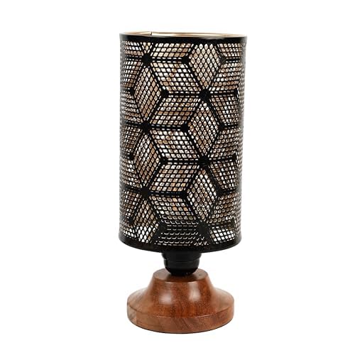 Lexton Moroccan Style Hand-Etched Iron Made Bedside Table lamp | Black Metal Round Frame, E27 Bulb Holder, Wooden Stand, Corded | Suitable for Home Decoration Office (Pack of 1, Bulb Not Included)