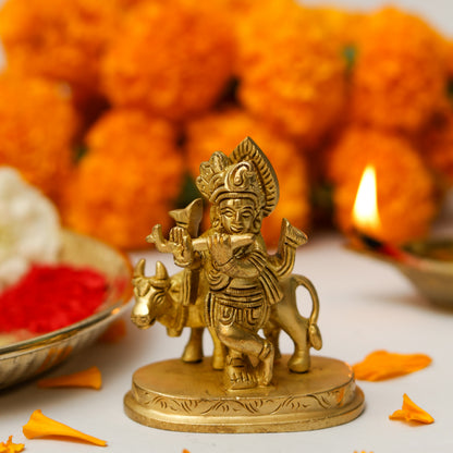 Klassic 2.5 Inch Pure Brass Krishna Statue with Cow idol