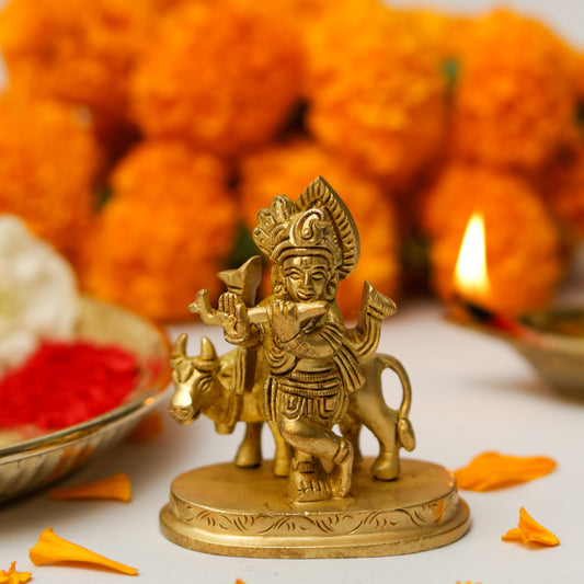 Klassic 2.5 Inch Pure Brass Krishna Statue with Cow idol