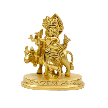 Klassic 2.5 Inch Pure Brass Krishna Statue with Cow idol