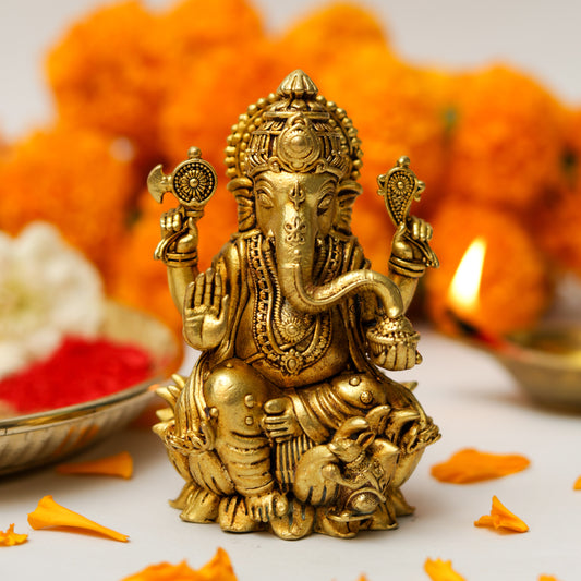 Klassic Lord Ganesha Idol 3.5 Inch | Pure Brass Antique Finish Murti | Pooja Mandir Décor | Diwali Gift