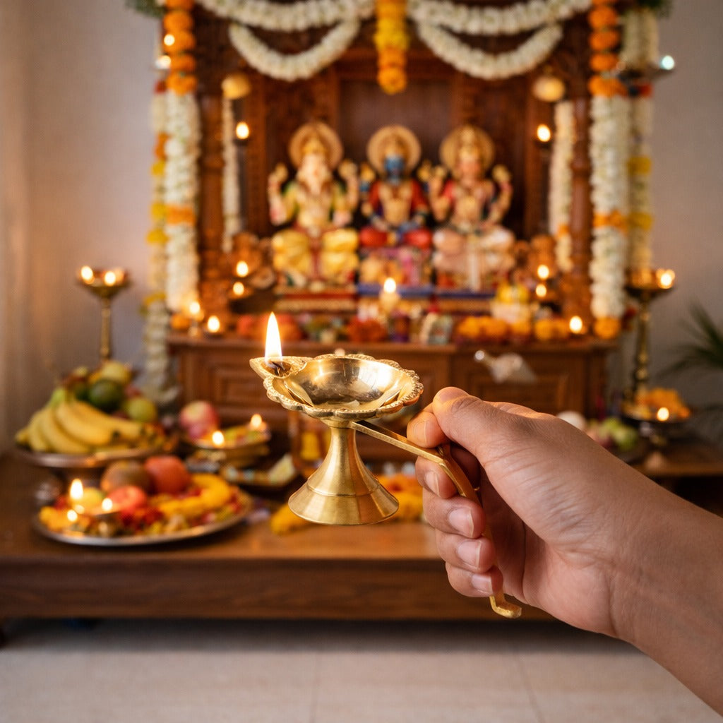 Klassic 5.7 Inch Pure Brass Aarti Diya for Puja, Home Temple, Mandir & Diwali Decor