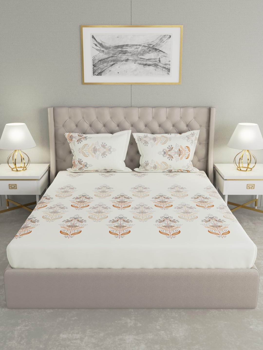 Raymond Home Festive Cotton Double Bedsheet with Pillow Covers – Cream (011081-BF01)