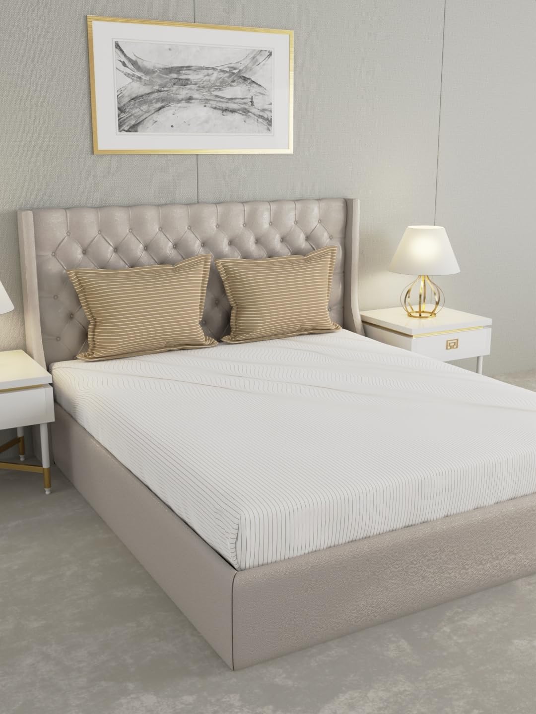 Raymond Home Eminence Double Bedsheet with 2 Pillow Covers | Geometric Patten 100% Cotton, King Sized, 300 TC, Cotton Rich (2.74 m X 2.74 m, 012748-BF01, Gold)