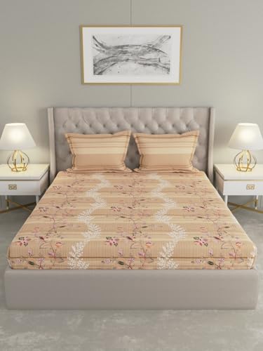 Raymond Home Celebrate Floral Printed Double Bedsheet with 2 Pillow Covers | Queen Sized, 120 TC, Cotton Rich (2.24 m X 2.54 m,Pack of 1, Brown -012347-BF03)