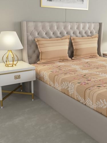 Raymond Home Celebrate Floral Printed Double Bedsheet with 2 Pillow Covers | Queen Sized, 120 TC, Cotton Rich (2.24 m X 2.54 m,Pack of 1, Brown -012347-BF03)