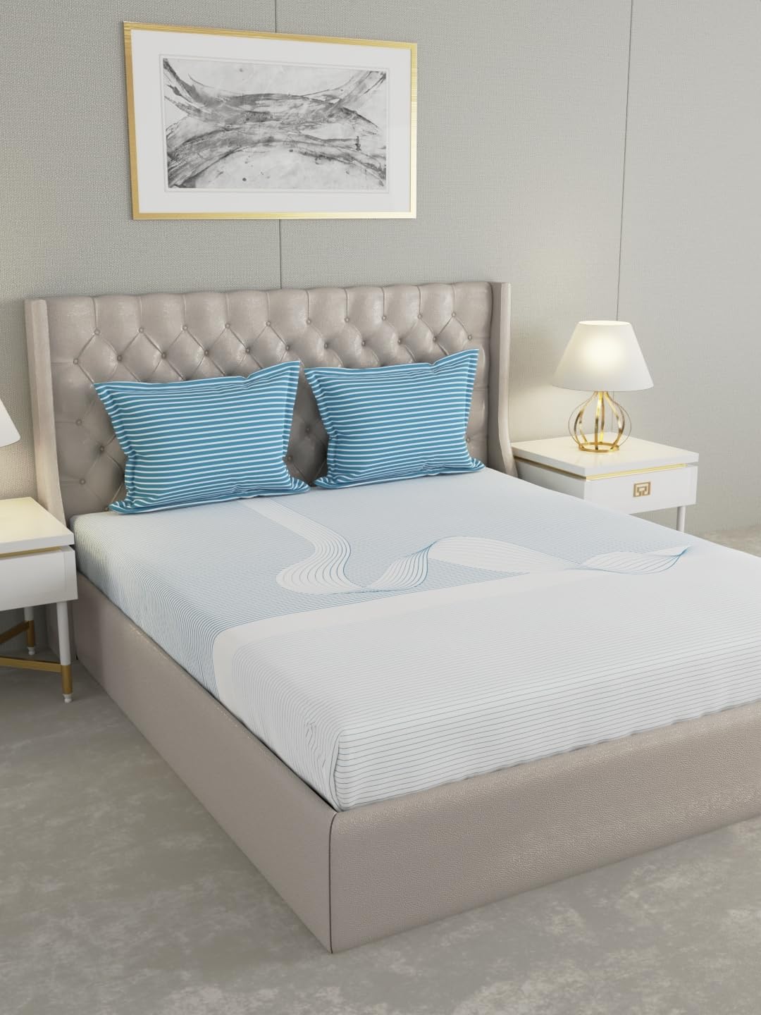 Raymond Home Eminence Cotton Double Bedsheet with Pillow Covers – Blue (012746-BF01)
