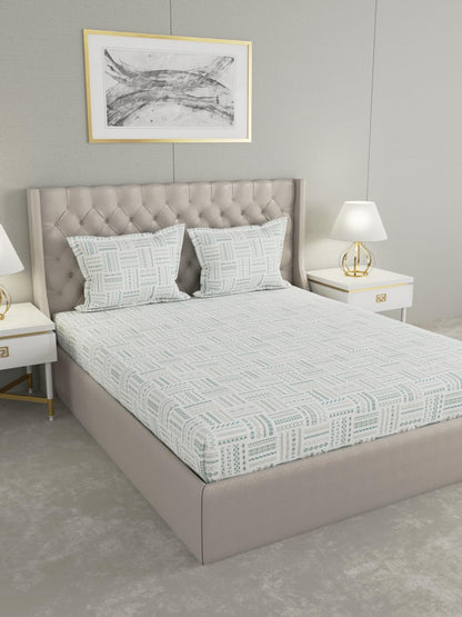 Raymond Home Elegance Double Bedsheet with 2 Pillow Covers | Geometric Patten 100% Cotton, King Sized, 300 TC, Cotton Rich (2.74 m X 2.74 m, 010408-BF01, Turquoise)