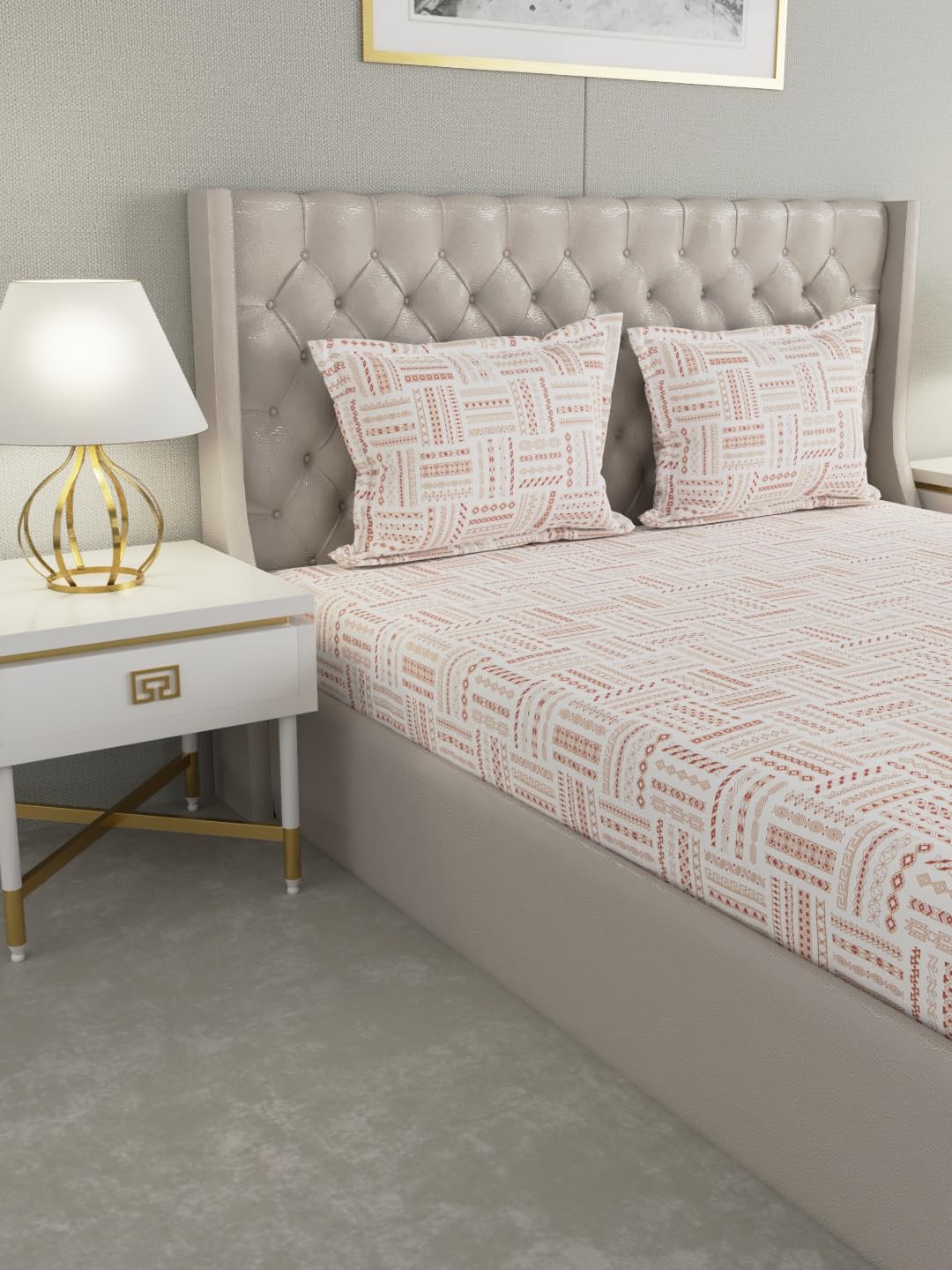 Raymond Home Elegance Double Bedsheet with 2 Pillow Covers | Geometric Patten 100% Cotton, King Sized, 300 TC, Cotton Rich (2.74 m X 2.74 m, 010408-BF02, Orange)