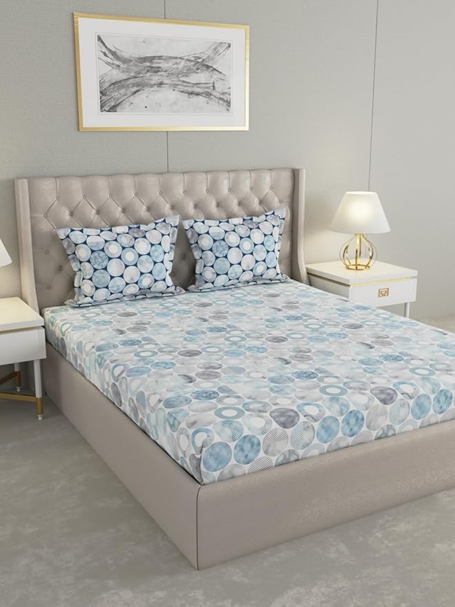 Raymond Home Celebrate Geometric Cotton Rich Double Bedsheet with Pillow Covers – Blue (012349-BF01)
