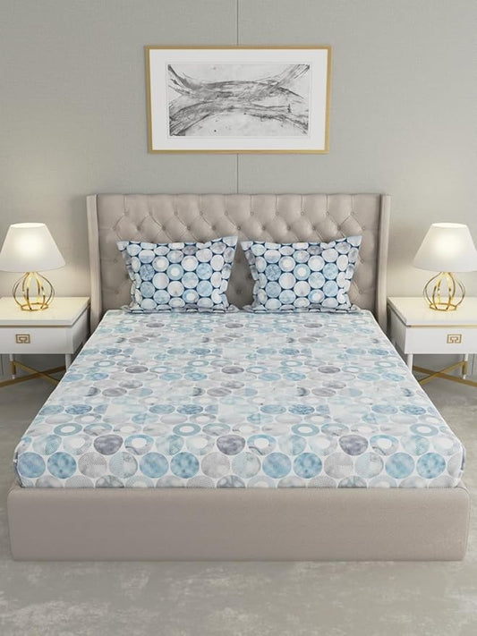 Raymond Home Celebrate Geometric Cotton Rich Double Bedsheet with Pillow Covers – Blue (012349-BF01)