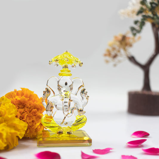 iCraft God Ganesh Sitting with Chakra Statue (Murti) Idol Showpiece Handmade of Crystal Glass by for Worship, Decoration, Car Dashboard, Gift (Yellow), Small