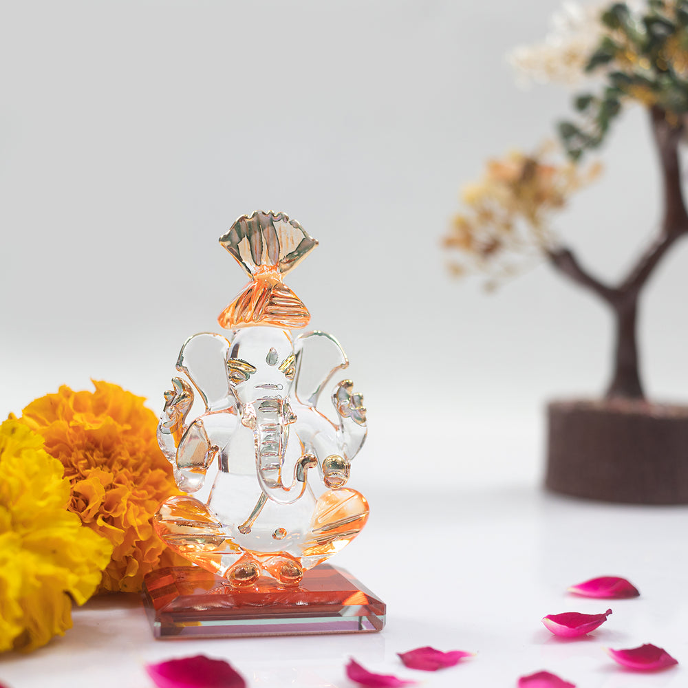 iCraft God Ganesh Sitting Statue (Murti) Idol Showpiece Handmade of Crystal Glass by for Worship, Decoration, Car Dashboard, Gift (Orange)