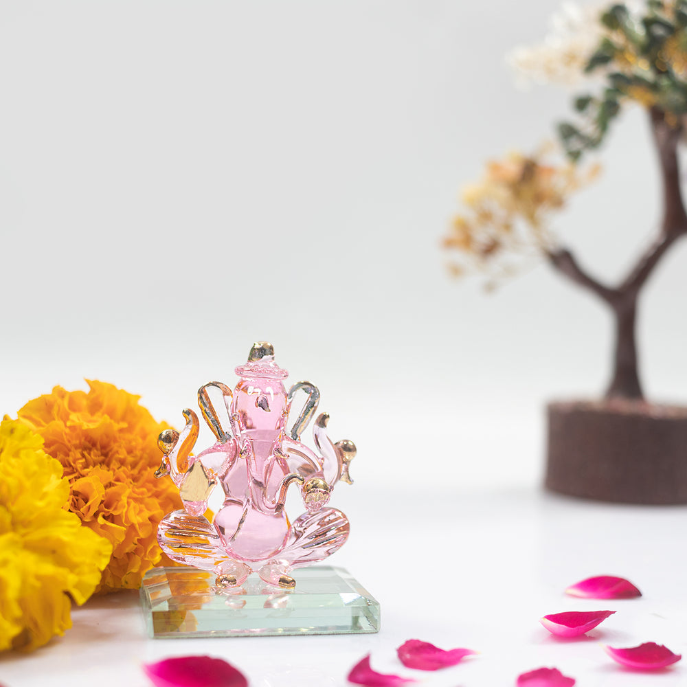 iCraft God Ganesh Sitting with Base Statue (Murti) Idol Showpiece Handmade of Crystal Glass by for Worship, Decoration, Car Dashboard, Gift (Clear)