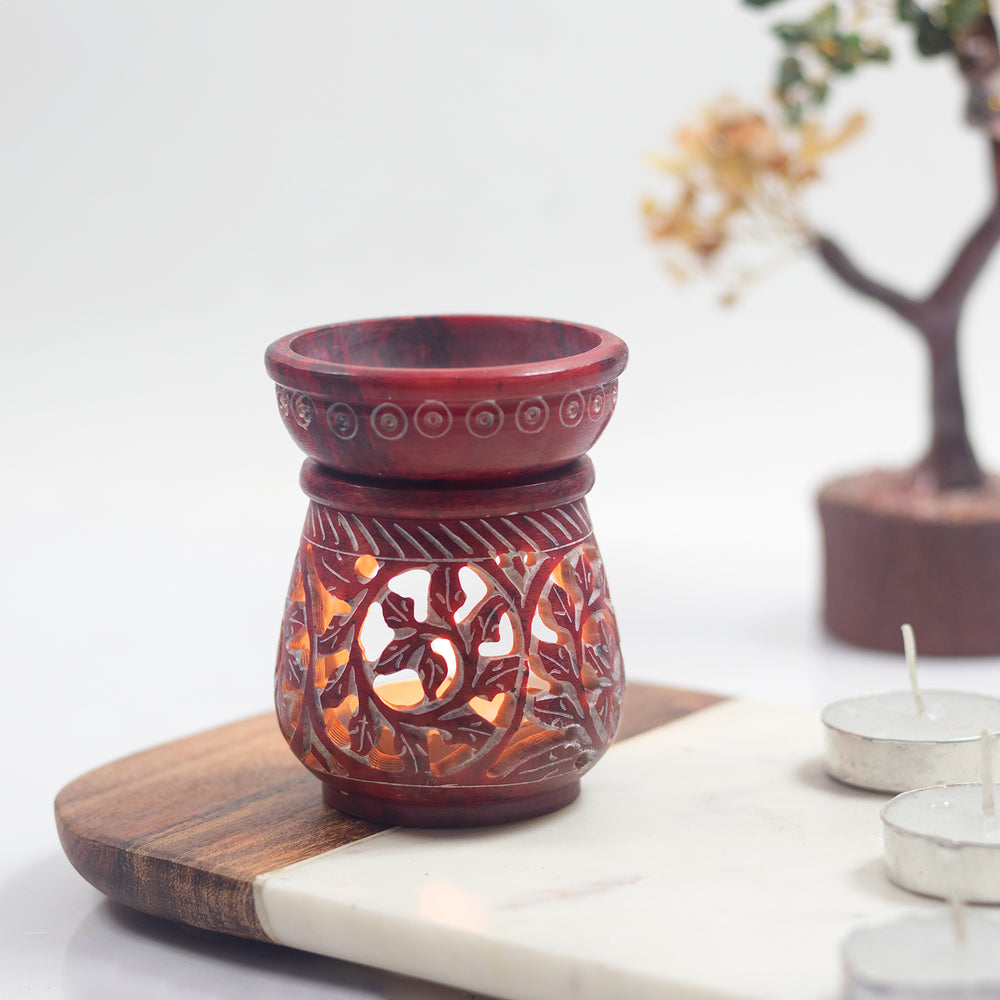 iCraft Soapstone Marble Handcrafted Candle Aroma Diffuser |Oil Diffuser | Tea Light Holder |Wax Burner - Perfect for Gifting & Home Décor (Red)