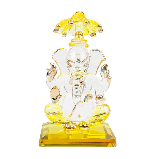 iCraft God Ganesh Sitting with Chakra Statue (Murti) Idol Showpiece Handmade of Crystal Glass by for Worship, Decoration, Car Dashboard, Gift (Yellow), Small