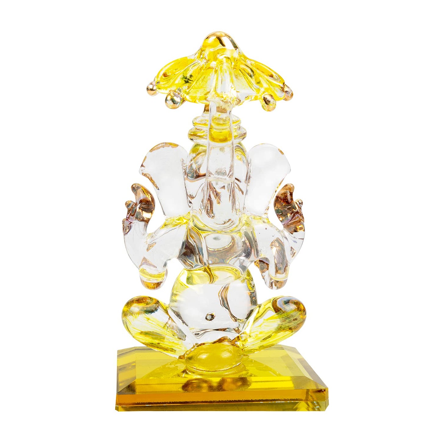 iCraft God Ganesh Sitting with Chakra Statue (Murti) Idol Showpiece Handmade of Crystal Glass by for Worship, Decoration, Car Dashboard, Gift (Yellow), Small