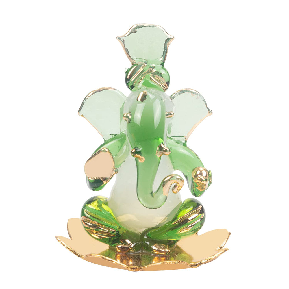 iCraft God Ganesh Sitting on Petal Statue (Murti) Idol Showpiece Handmade of Crystal Glass by for Worship, Decoration, Car Dashboard, Gift (Green)